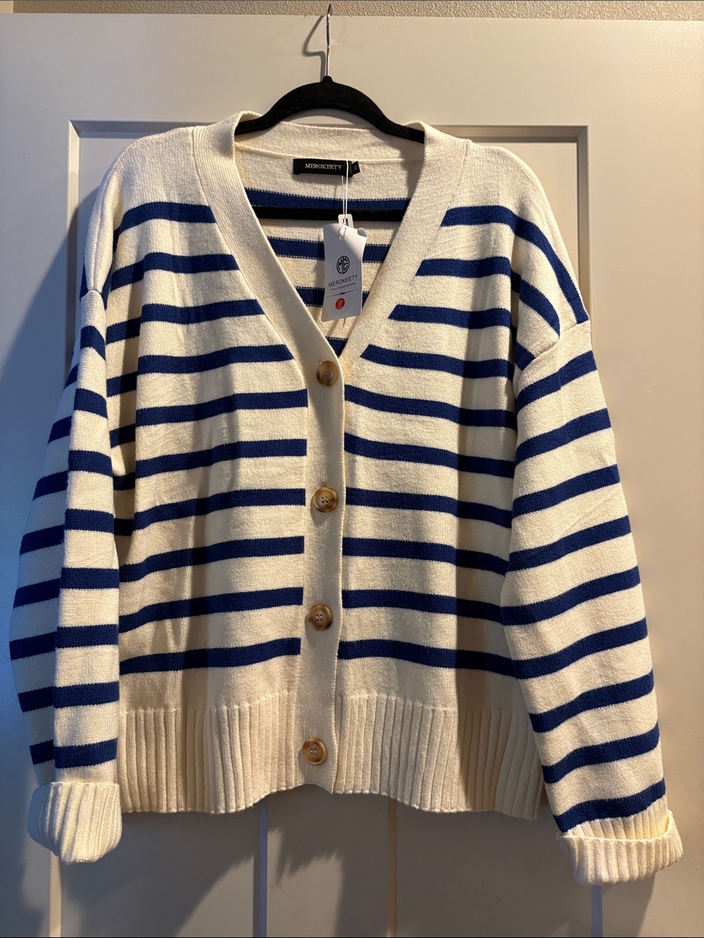 Merokeety Blue & Cream Stripe V-Neck Button Cardigan - Classic, Soft XL